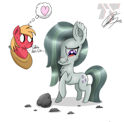 Size: 2077x2050 | Tagged: safe, artist:nexcoyotlgt, character:big mcintosh, character:marble pie, species:earth pony, species:pony, ship:marblemac, blushing, cute, heart, male, shipping, simple background, stallion, straight, white background