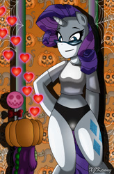 Size: 550x840 | Tagged: safe, artist:xjkenny, character:rarity, character:spike, species:anthro, species:unguligrade anthro, arm hooves, black underwear, clothing, food, glasses, halloween, midriff, panties, pumpkin, underwear