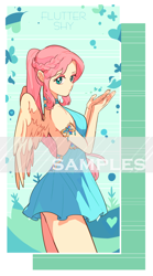 Size: 1000x1800 | Tagged: safe, artist:dusty-munji, character:fluttershy, species:human, backless, clothing, dress, female, humanized, obtrusive watermark, pony coloring, sample, solo, watermark