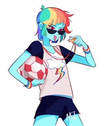 Size: 540x617 | Tagged: safe, artist:dusty-munji, character:rainbow dash, species:human, my little pony:equestria girls, ball, female, humanized, pony coloring, simple background, solo, sunglasses, whistle, whistle necklace