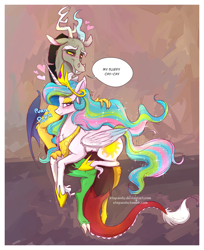 Size: 1024x1254 | Tagged: safe, artist:stepandy, character:discord, character:princess celestia, species:classical unicorn, ship:dislestia, episode:dungeons & discords, behaving like a cat, blushing, cay-cay, chest fluff, cute, cutelestia, heart, male, petting, pinklestia, purring, shipping, straight, unshorn fetlocks