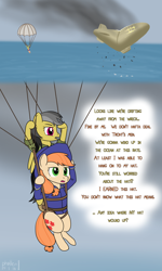 Size: 1200x2000 | Tagged: safe, artist:phallen1, character:applejack, character:daring do, oc, oc:colonel maplerum, daringverse, newbie artist training grounds, blimp, cavalry stetson, clothing, comic, falling, fire, missing accessory, parachute