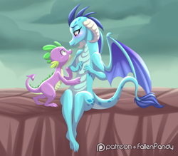Size: 2278x2000 | Tagged: safe, artist:falleninthedark, artist:stepandy, character:princess ember, character:spike, species:dragon, ship:emberspike, episode:gauntlet of fire, g4, my little pony: friendship is magic, bedroom eyes, blushing, cute, female, looking at each other, male, patreon, patreon logo, shipping, smiling