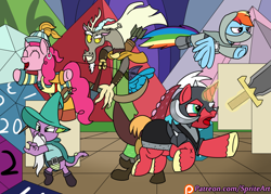 Size: 1400x1000 | Tagged: safe, artist:spritepony, character:big mcintosh, character:discord, character:pinkie pie, character:rainbow dash, character:spike, species:dragon, species:earth pony, species:pegasus, species:pony, species:unicorn, episode:dungeons & discords, bard pie, captain wuzz, clothing, dungeons and dragons, female, garbuncle, group, hat, magic, male, mare, ogres and oubliettes, parsnip, patreon, patreon logo, race swap, rainbow rogue, sir mcbiggen, stallion, telekinesis, unicorn big mac, wizard hat