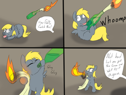 Size: 2048x1536 | Tagged: safe, artist:fluffsplosion, character:derpy hooves, averted grimdark, bait and switch, bipedal, comic, fire breathing, fluffy pony, fluffyderpy, molotov cocktail, subverted meme