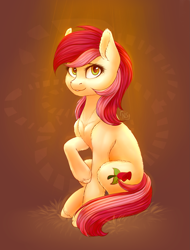 Size: 1713x2259 | Tagged: safe, artist:nightskrill, character:roseluck, cute, female, fluffy, full body, nervous, raised hoof, sitting, smiling, solo, three quarter view, wingding eyes