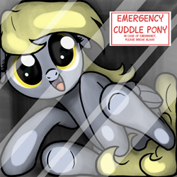 Size: 800x800 | Tagged: safe, artist:nimaru, character:derpy hooves, species:pegasus, species:pony, against glass, bronybait, cuddly, cute, derpabetes, emergency glass, emergency pony, female, floppy ears, glass, looking at you, smiling, solo, underhoof, weapons-grade cute