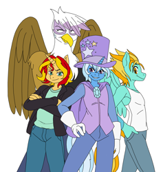 Size: 2715x2860 | Tagged: safe, artist:fluttershysone, artist:ss2sonic, edit, character:gilda, character:lightning dust, character:sunset shimmer, character:trixie, species:anthro, species:griffon, cape, clothing, color edit, colored, guilder, hat, jacket, lightning powder, rule 63, sunset glare, tristan