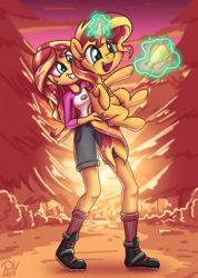 Size: 1542x2160 | Tagged: safe, artist:discorded, artist:pirill, character:sunset shimmer, species:pony, equestria girls:legend of everfree, g4, my little pony: equestria girls, my little pony:equestria girls, best pony, boots, camp everfree, cheek fluff, clothing, collaboration, cute, female, holding a pony, human ponidox, leg fluff, levitation, magic, open mouth, ponidox, self ponidox, shimmerbetes, shorts, socks, solo, sunset shimmer day, sunshine shimmer, telekinesis, trophy