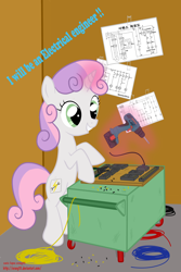 Size: 2000x3000 | Tagged: safe, artist:orang111, character:sweetie belle, species:pony, bipedal, denial, electrical engineer, engineer, fake cutie mark, female, korean, magic, power tools, sequence circuit, solo, table, this will end in tears, this will end in tears and/or death and/or covered in tree sap, tools, uh oh, wires