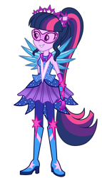 Size: 2000x3500 | Tagged: safe, artist:mixiepie, character:twilight sparkle, character:twilight sparkle (scitwi), species:eqg human, equestria girls:legend of everfree, g4, my little pony: equestria girls, my little pony:equestria girls, boots, clothing, crystal guardian, crystal wings, female, geode of telekinesis, glasses, high heel boots, magical geodes, ponied up, ponytail, scitwilicorn, simple background, smiling, solo, sparkles, transparent background, vector, wings