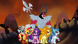 Size: 1280x720 | Tagged: safe, artist:ggalleonalliance, artist:osipush, character:adagio dazzle, character:aria blaze, character:lord tirek, character:sonata dusk, character:sunset shimmer, species:bat pony, species:pony, alternate hairstyle, armor, bat wings, bracelet, choker, glowing horn, heroes of might and magic, jewelry, lance, messy mane, necklace, ponies of flight and magic, ponified, slit eyes, spear, spiked choker, spiked wristband, the dazzlings, tribes from tatarus, weapon
