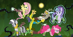 Size: 1253x637 | Tagged: safe, artist:ggalleonalliance, artist:osipush, character:discord, character:fluttershy, character:pinkie pie, character:starlight glimmer, character:zecora, species:zebra, alternate hairstyle, armor, arrow, camouflage, ear piercing, earring, grin, heroes of might and magic, jewelry, legion of wildlife, levitation, magic, markings, piercing, ponies of flight and magic, pouch, self-levitation, smiling, smug, spear, staff, tattoo, telekinesis, weapon