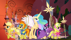 Size: 1191x670 | Tagged: safe, artist:ggalleonalliance, artist:osipush, character:applejack, character:princess celestia, character:spitfire, character:sunshine smiles, character:twilight sparkle, armor, cape, celestial alliance, cloak, clothing, glowing horn, goggles, heroes of might and magic, lance, lasso, ponies of flight and magic, rope, saddle, spear, weapon