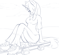 Size: 1280x1198 | Tagged: safe, artist:mrrowboat, oc, oc only, oc:golden age, species:anthro, species:plantigrade anthro, butt crush, clothing, destruction, giant anthro, giantess, houses, lineart, macro, monochrome, pants, sandals, sitting, solo, torn clothes