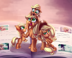 Size: 3000x2437 | Tagged: safe, artist:discorded, character:applejack, episode:where the apple lies, g4, my little pony: friendship is magic, age difference, baby, babyjack, clothing, cowboy hat, crossed hooves, cute, filly, filly applejack, foal, freckles, hat, jackabetes, jackletree, jealous, multeity, open mouth, pacifier, photo album, ponidox, self ponidox, sitting, stetson, teenage applejack, time paradox, younger
