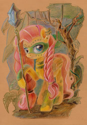 Size: 800x1148 | Tagged: safe, artist:maytee, character:fluttershy, alternate timeline, chrysalis resistance timeline, female, jungle, solo, traditional art, tribalshy