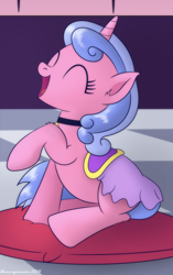 Size: 1000x1593 | Tagged: safe, artist:bluemeganium, character:royal ribbon, species:pony, species:unicorn, collar, cushion, cute, eyes closed, female, leg fluff, open mouth, pillow, saddle, sitting, solo, tack
