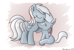 Size: 1537x1045 | Tagged: safe, artist:bluemeganium, character:silver spoon, character:silverspeed, species:earth pony, species:pegasus, species:pony, g4, abstract background, cute, ear fluff, eyes closed, female, filly, hug, leg fluff, mama silverspeed, mare, mother and daughter, signature, sitting, three quarter view, young