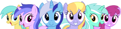 Size: 5613x1370 | Tagged: safe, artist:bluemeganium, character:berry punch, character:berryshine, character:cloud kicker, character:lyra heartstrings, character:minuette, character:sea swirl, character:sunshower raindrops, species:earth pony, species:pegasus, species:pony, species:unicorn, episode:leap of faith, g4, my little pony: friendship is magic, background pony, bust, female, front view, full face view, looking at you, mare, open mouth, open smile, simple background, smiling, three quarter view, transparent background, vector