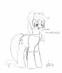 Size: 1099x1280 | Tagged: safe, artist:trickydick, character:applejack, clothing, dialogue, female, macro, monochrome, sketch, solo, sweater, tight clothing