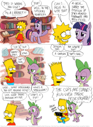 Size: 811x1102 | Tagged: safe, artist:kturtle, character:spike, character:twilight sparkle, bart simpson, comic, crossover, eye contact, grin, library, lidded eyes, lisa simpson, looking at each other, open mouth, playstation portable, pointing, psp, sitting, smiling, the simpsons, waving