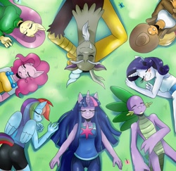 Size: 1847x1797 | Tagged: safe, artist:ss2sonic, character:applejack, character:discord, character:fluttershy, character:pinkie pie, character:rainbow dash, character:rarity, character:spike, character:twilight sparkle, species:anthro, breasts, busty applejack, busty fluttershy, busty mane six, busty pinkie pie, busty rainbow dash, busty rarity, busty twilight sparkle, butt, female, mane seven, mane six, rainbutt dash, sleeping