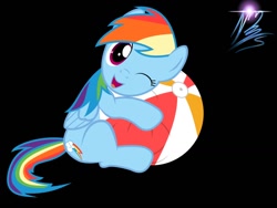 Size: 1032x774 | Tagged: safe, artist:nightmaremoons, character:rainbow dash, species:pegasus, species:pony, ball, beach ball, black background, cute, dashabetes, female, one eye closed, simple background, solo, wink