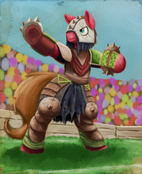 Size: 2085x2552 | Tagged: safe, artist:otakuap, oc, oc only, species:pony, armor, ball, bipedal, blood bowl, crossover, crowd, dangerous, grass field, skaven, solo, spikes, sports, warhammer (game), warhammer fantasy