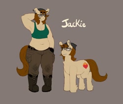 Size: 1024x868 | Tagged: safe, artist:lumo, oc, oc only, oc:jackie trade, species:anthro, anthro ponidox, armpits, bandana, belly button, belt, boots, chest fluff, chubby, clothing, duality, ear piercing, earring, glasses, head scratch, jewelry, looking down, looking up, piercing, plump, ponidox, self ponidox, smirk, tank top