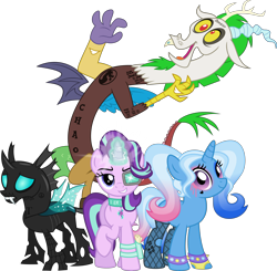 Size: 5206x5106 | Tagged: safe, artist:osipush, character:discord, character:starlight glimmer, character:thorax, character:trixie, species:draconequus, species:pony, species:unicorn, episode:to where and back again, g4, my little pony: friendship is magic, absurd resolution, alternate hairstyle, bracelet, clothing, collar, crossover, dc comics, deadshot, el diablo, female, grin, harley quinn, harley trix, jewelry, jokercord, looking at you, male, mare, open mouth, parody, reformed four, simple background, smiling, smug, spiked wristband, stockings, suicide squad, tattoo, the joker, transparent background