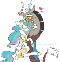Size: 830x861 | Tagged: safe, artist:stepandy, character:discord, character:princess celestia, ship:dislestia, episode:to where and back again, g4, my little pony: friendship is magic, blushing, heart, hug, looking at you, male, shipping, simple background, smiling, straight, white background, wide eyes