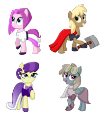 Size: 3300x3750 | Tagged: safe, artist:thecheeseburger, character:dust devil, character:mjölna, character:symphony, character:vidala swoon, species:earth pony, species:pegasus, species:pony, background pony, clothing, crossover, dress, female, hammer, mare, mjölnir, simple background, smiling, thor, transparent background, war hammer, weapon