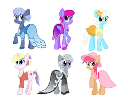 Size: 3150x2550 | Tagged: safe, artist:thecheeseburger, character:holly dash, character:serena, character:silverspeed, character:starsong, character:tropical spring, species:earth pony, species:pegasus, species:pony, species:unicorn, background pony, chilly puddle, clothing, dress, simple background, white background
