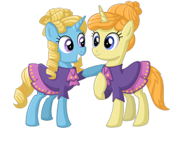 Size: 2448x2016 | Tagged: safe, artist:thecheeseburger, character:primrose (g4), species:pony, species:unicorn, background pony, clothing, dress, duo, female, four step, hooves, horn, looking at each other, mare, raised hoof, simple background, smiling, teeth, transparent background