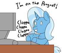 Size: 1400x1000 | Tagged: safe, artist:spritepony, character:trixie, species:pony, species:unicorn, computer, dialogue, female, internet, mare, meme, my little art challenge, ponynet, simple background, smiling, solo, typing, white background
