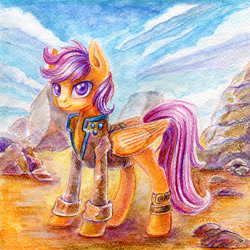 Size: 900x900 | Tagged: safe, artist:asimos, artist:maytee, character:scootaloo, species:pegasus, species:pony, clothing, female, rock, solo, traditional art