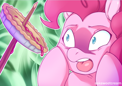 Size: 742x524 | Tagged: safe, artist:mlpfwb, character:pinkie pie, species:earth pony, species:pony, episode:secrets and pies, g4, my little pony: friendship is magic, female, food, food gore, horrified, impalement, mare, oh the humanity, pie, solo, that pony sure does love pies