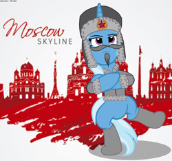 Size: 5342x5005 | Tagged: safe, artist:asika-aida, character:trixie, species:pony, species:unicorn, absurd resolution, clothing, communism, dancing, facial hair, female, hat, moustache, russian, solo, soviet, soviet union, ushanka