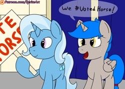 Size: 1400x1000 | Tagged: safe, artist:spritepony, character:ms. harshwhinny, character:trixie, oc, oc:sprite, species:alicorn, species:pony, species:unicorn, alicorn oc, hoof hold, patreon, patreon logo, polling booth, sign, speech, votehorse, voting booth