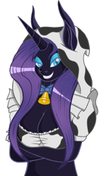 Size: 1108x1982 | Tagged: safe, artist:kasaler, artist:negasun, derpibooru original, character:nightmare rarity, character:rarity, species:anthro, species:cow, bell, breasts, busty nightmare rarity, collaboration, cow suit, cowbell, cowprint, female, nightmare raricow, raricow, simple background, solo, species swap, transparent background