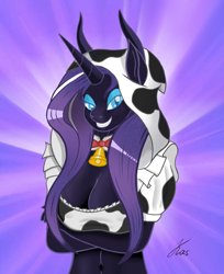Size: 1675x2048 | Tagged: safe, artist:kasaler, artist:negasun, character:nightmare rarity, character:rarity, species:anthro, species:cow, bell, belly button, breasts, busty nightmare rarity, cleavage, collaboration, cowbell, cowprint, crossed arms, female, grin, midriff, nightmare raricow, smiling, solo, species swap