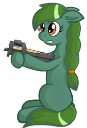 Size: 1314x1921 | Tagged: safe, artist:negasun, oc, oc only, oc:lonely day, species:earth pony, species:pony, fanfic:the last pony on earth, assault rifle, blank flank, female, floppy ears, gritted teeth, gun, hoof hold, hooves, mare, p90, ponies after people, rifle, simple background, sitting, solo, transparent background, weapon