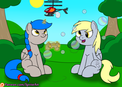 Size: 1400x1000 | Tagged: safe, artist:spritepony, character:derpy hooves, oc, oc:sprite, species:alicorn, species:pony, alicorn oc, bubble, controller, cute, helicopter, park, patreon, patreon logo
