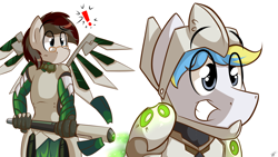 Size: 7168x4032 | Tagged: safe, artist:fleet-wing, oc, oc only, oc:cirrus sky, species:anthro, species:hippogriff, absurd resolution, artificial wings, augmented, bow tie, clothing, cosplay, costume, exclamation point, genji (overwatch), glasses, healing, mechanical wing, mercy, overwatch, smiling, staff, video game, wings