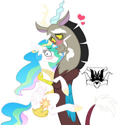 Size: 3830x3973 | Tagged: safe, artist:amysticalartist, artist:stepandy, character:discord, character:princess celestia, ship:dislestia, blushing, frown, heart, hug, male, shipping, shrunken pupils, simple background, straight, transparent background, unamused