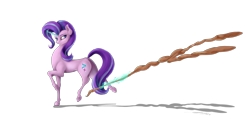Size: 4000x2000 | Tagged: safe, artist:skitsroom, character:starlight glimmer, female, glowing horn, hoers, magic, s5 starlight, simple background, solo, staff, staff of sameness, telekinesis, transparent background