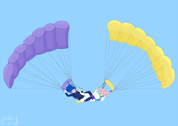 Size: 2900x2062 | Tagged: safe, artist:phallen1, character:princess celestia, character:princess luna, species:human, air ponyville, alternate hairstyle, clothing, cutie mark clothes, formation, hair bun, humanized, jumpsuit, leg hold, parachute, parachuting, ponytail, skydiving