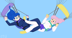 Size: 1200x640 | Tagged: safe, artist:phallen1, character:princess celestia, character:princess luna, species:human, air ponyville, alternate hairstyle, clothing, cutie mark clothes, formation, hair bun, humanized, jumpsuit, leg hold, parachute, parachuting, ponytail, skydiving