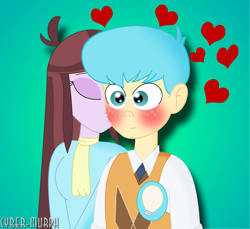Size: 3408x3128 | Tagged: safe, artist:cyber-murph, character:bright idea, character:velvet sky, ship:brightsky, my little pony:equestria girls, background human, blushing, bright idea, clothing, eyes closed, freckles, heart, kiss on the cheek, kissing, male, shipping, signature, smooch, straight, techies, velvet sky
